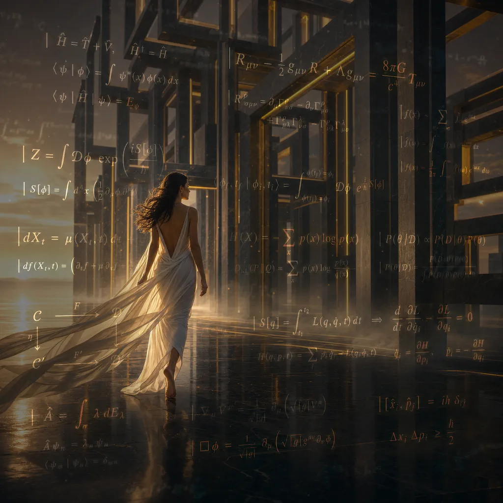 Editorial portrait of the lady-of-math figure walking through a corridor of equations — measurement, embodied.